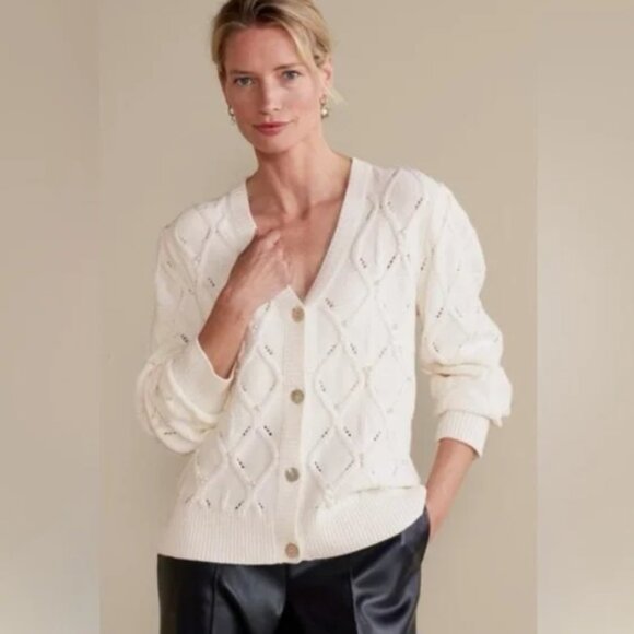 Soft Surroundings Large Preppy Embellished Meryl Cable Cardigan in Ivory Pearl - Picture 1 of 10